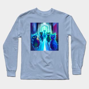 Blue Cats Flank the Sides of a Mysterious Long Corridor Long Sleeve T-Shirt